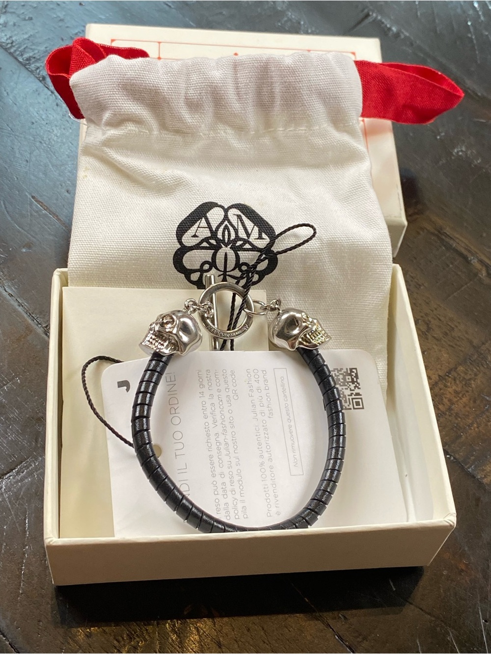 Alexander McQueen Black Leather Bracelet with Silver Skull Ends